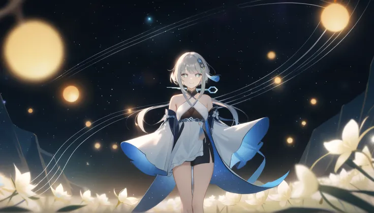1girl, guizhong_(genshin_impact),light grey hair,short_hair_with_long_locks,starry_sky_print,detached_sleeves, long sleeves_past_fingers,hanfu,illustrated by matsuryuu and agahari and dsmile,pale blue eyes,stunning field of softly glowing blue and white gl...
