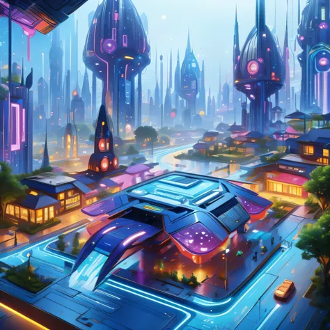 child-friendly future city design，technology，futuristic，children's style，disney style