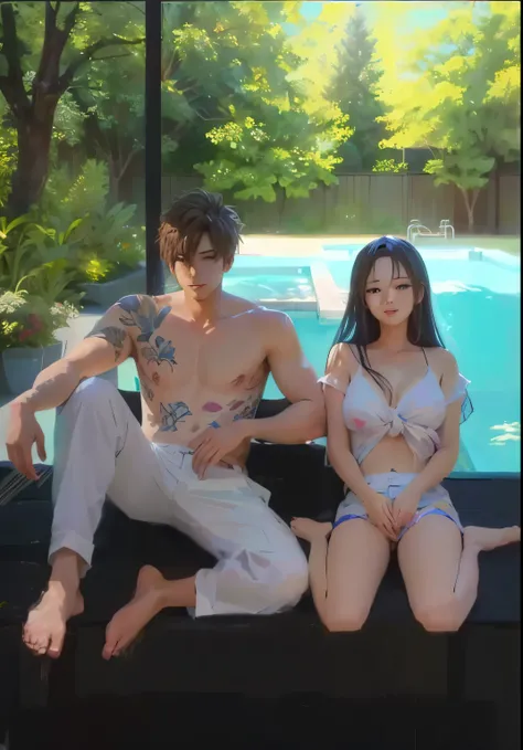 painting of a couple sitting on a bed beside the pool, High quality fan art, Made with Anime Painter Studio., Drawing in Anime Painter Studio, [ digital art 4k ]!!, Very detailed fan art, Detailed fan art, Realistic art style, beside the pool, committee, V...