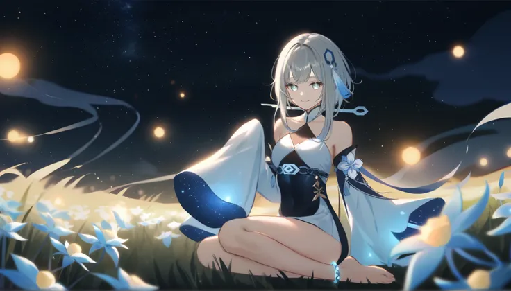 1girl, guizhong_(genshin_impact),light grey hair,short_hair_with_long_locks,starry_sky_print,detached_sleeves, long sleeves_past_fingers,hanfu,illustrated by matsuryuu and agahari and dsmile,pale blue eyes,stunning field of softly glowing blue and white gl...