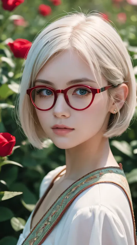 a girl in a flower field, delicate short white hair, striking red eyes, beautiful detailed face, looking at viewer, 8k, best quality, ultra-detailed, 8k uhd, soft lighting, high quality, film grain, beautiful lighting, cinematic, perfect physique, best ill...