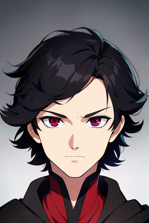 (high-quality, breathtaking),(expressive eyes, perfect face) 1boy, male, solo, young adult, Symmetrical Eyes, portrait, black hair, red eye color, short hair length, messy hair, neutral expression, soft smile, white shirt, black cloak red trim, fantasy att...