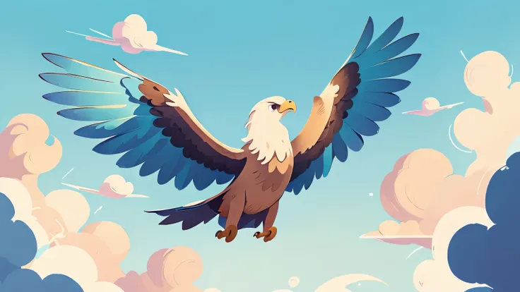 An eagle (elang) soaring high in the sky with its wings spread wide. Text overlay: E untuk elang. The background features a beautiful blue sky with clouds, giving a sense of freedom and vastness. inspired by Goro Fujita, promotional art, illustration for c...