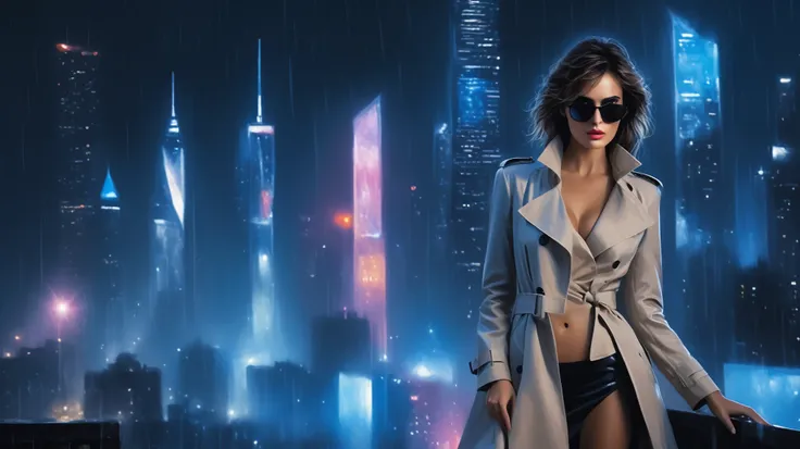 (Hyper-realistic photograph:1.4), Captivating scene under the rain at night on a rooftop, a sexy slim woman, large breast cleavage, with short brown hair, three-quarters view, Black trench coat, (black sunglasses, holding a short gun), with a dark rainy ci...