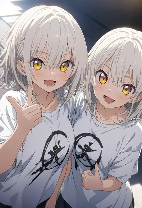 Two Girls, twins, masterpiece, Highest quality, Highly detailed CG Unity 8k wallpaper, High School Girl Anime Illustration. Wear an oversized t-shirt and oversized pants、Make a finger gun gesture to the audience, she has her eyes closed and mouth open, smi...