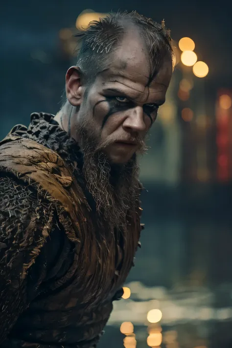 hyper realistic, ultra detailed, cinematic posterof floki a viking warrior, old man, 50 years old, black makeup on eyes, beard, ...