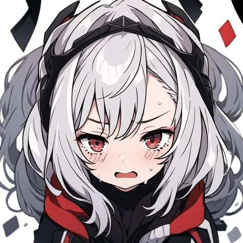 1 girl, head, ((white background, little)), emotional expression, twitch, lucky winner, gray hair, two corners, red eyes, arriva...