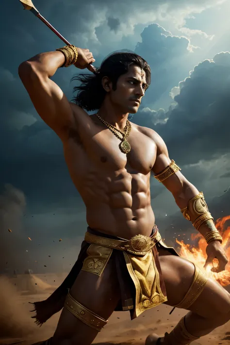 Create a dynamic digital painting of Arjuna from the Mahabharata, in the midst of a battle, taking an intense stance as he prepares to shoot an arrow from his legendary Gandiva bow. Capture the moment just before release, with Arjunas muscular form coiled ...