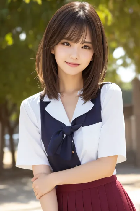 realistic, photogenic, wearing school uniform, the top button of the upper cloth is open, a little exposed at chest, skirt is sh...