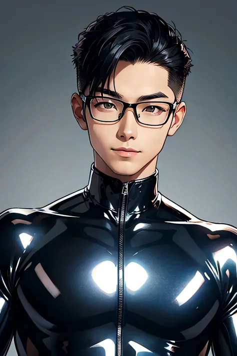 Handsome Japanese male models Black Hair Shaved head 16 years old Kawaii Boy smile looking at the camera Shiny full-body silver suit Shiny silver latex suit future Metal Body Upper body close-up Wear sharp glasses