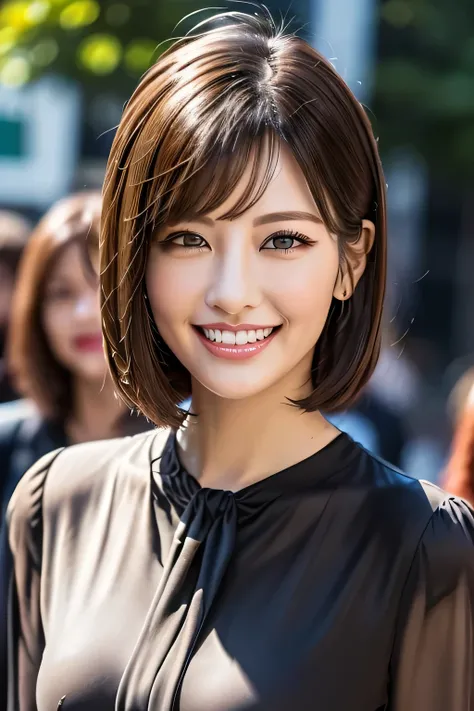 ((masterpiece)), ((Highest quality)), ((Complex)), ((Surreal)), (Realistic), (Mature Woman), ((There are no classes)), Very detailed, (1 female), Beautiful and exquisite, (Beautiful Teeth), Grin, Brunette bob hair, Brown eyes, ((blouse)), (Upper Body), (ba...