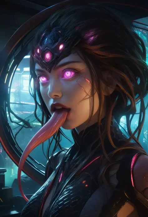 score_9, score_8_up, score_7_up, 1 female medusa alien, A scene from a horror movie, beautiful detailed eyes, A third eye on the forehead, beautiful detailed lips, extremely detailed face and eyes, long eyelashes, (long tongue like a snake:1.2), intricate ...