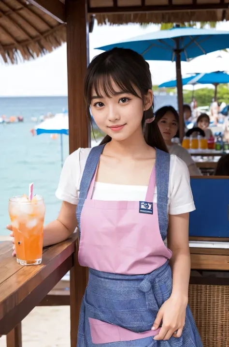 21 years old girl (Japanese cute face) is wearing apron, mini skirt and has fluits drink at the beach bar