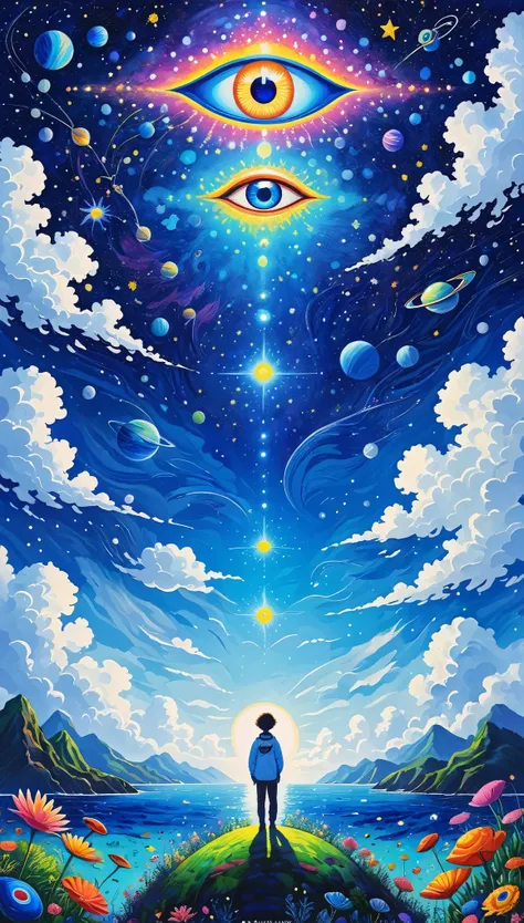 psychedelic art。plant、marine life、(((charming eyes，the third eye)))、cloud、starry sky，galaxy、planet、abstract painting of joints，d...