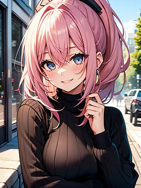 1girl, expressive eyes, beautiful face, woman, hd, outdoors, blush, ponytail, pink hair, smile, black sweater