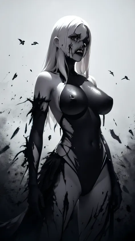 bs, solo, simple background, monochrome, upper body, greyscale, bodysuit, black background, 1other, monster, arms at sides, horror (theme) there is a large-breasted woman in the picture with her arms torn off and her face bleeding, ravens flying in the bac...