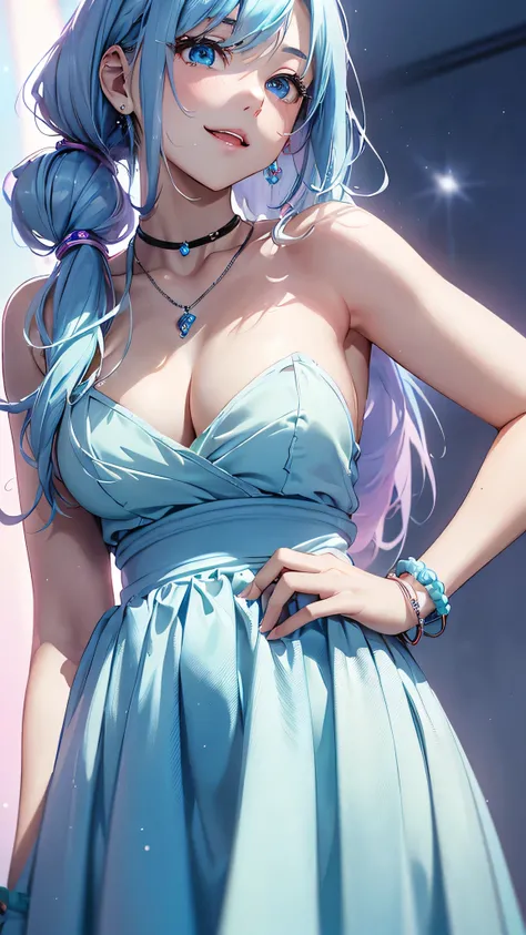 最high quality、Best image quality、masterpiece、and((cute、18-year-old、Best Bust、Medium Bust、Beautiful Blue Eyes、Spread your chest wide,Pastel Hair、ponytail、Disheveled Hair、thin、Highest Valley、Pastel Dress、smile、necklace、Wristband、)）high quality、Beautiful art、...