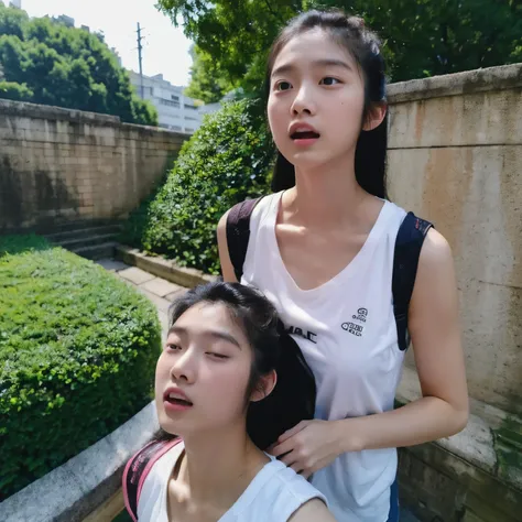 Two people、Identical twin sisters、(Highest quality, 8k, 32K), (RAW Photos, Highest quality), (Realistic, Photorealistic:1.3), masterpiece, 8k、RAW Photos、(Masseter muscle area)1.5、(Highest quality)1.5、High resolution、look up,(With a girl)、(Realistic、Photore...