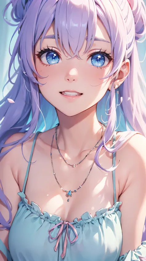 最high quality、Best image quality、masterpiece、and((cute、18-year-old、Best Bust、Medium Bust、Beautiful Blue Eyes、Spread your chest wide,Pastel Hair、ponytail、Disheveled Hair、thin、Highest Valley、Pastel Dress、smile、necklace、Wristband、)）high quality、Beautiful art、...