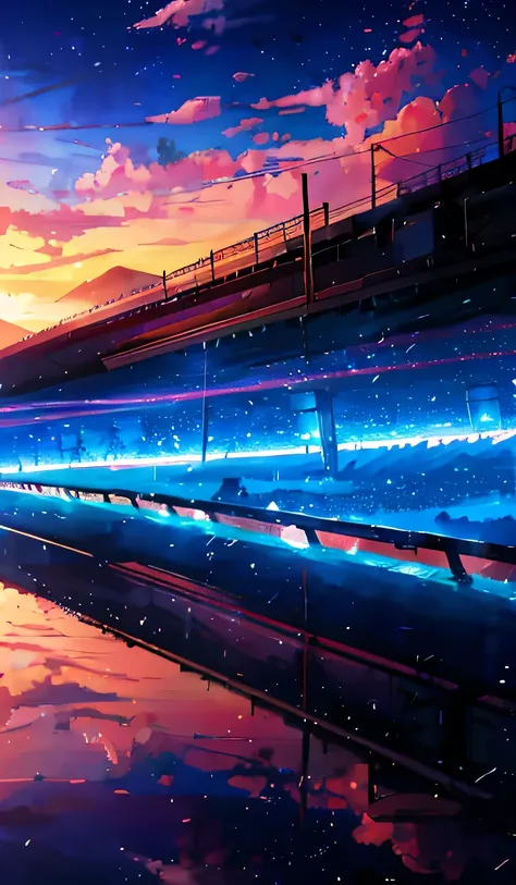 Anime train crossing track in sky background, beautiful and harmonious scene, exquisite animation, rich details (width is 672), high quality, clarity 4k, artistic 4k wallpaper, stunning anime landscape, 8k art wallpaper.