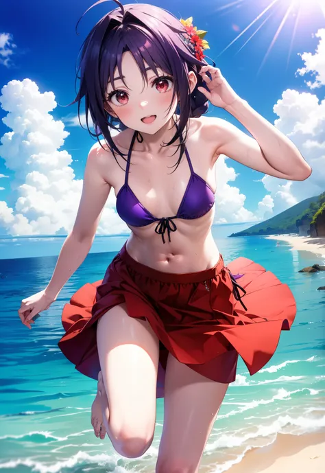 yuukikonno, Yuuki Konno, hair band, Ahoge,Long, thick braids, Pointed Ears, Purple Hair, (Red eyes:1.5), (Small breasts:1.2), smile,blush,Open your mouth,Purple bikini string swimsuit,Pareo Swimsuit,Belly button,A thin long skirt tied around her waist,bare...