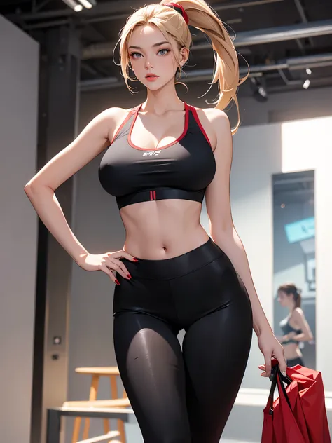 A fit young woman in her 20s confidently walking down the runway in a fashion studio. She is wearing a bright red sports bra and black leggings. She has long, straight blonde hair tied in a high ponytail. 
huge boobs,she is walking .