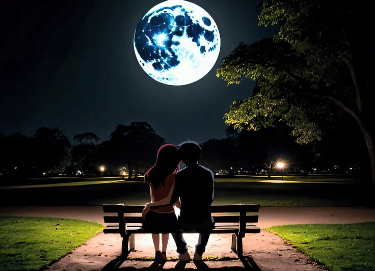 back view, anime style, a couple sitting on a bench in the park, at night, (valentine mood :1.2), full moon, heart-shaped shadow...