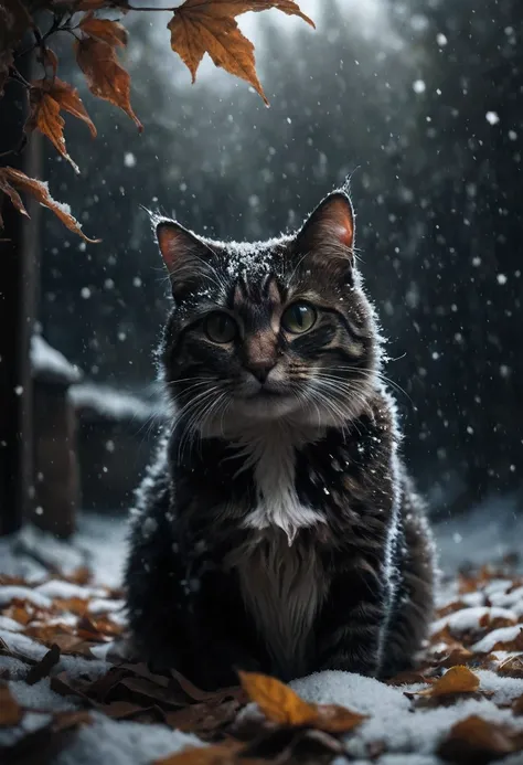 cat, first snow, flakes, partial snow cover, cinematic film still, breathtaking, Falling leaves, melancholic mood, papery texture,  natures whispered farewell in rustling gusts, photo-realism, film grain, film still, bokeh, intricately detailed, , perfect ...