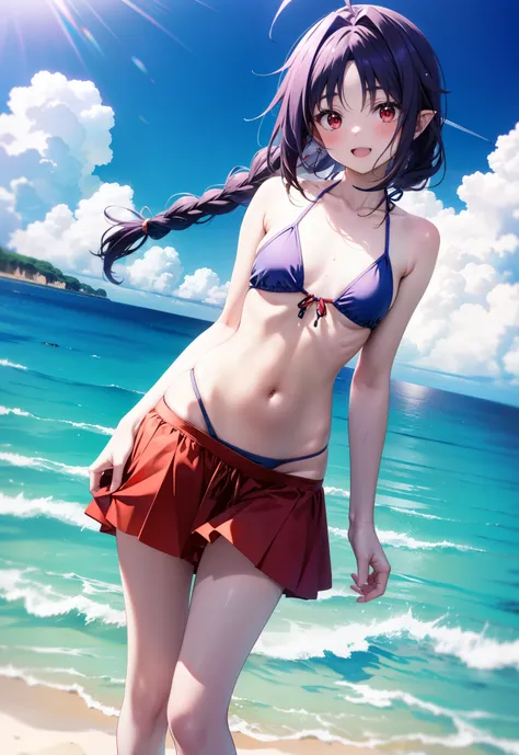 yuukikonno, Yuuki Konno, hair band, Ahoge,Long, thick braids, Pointed Ears, Purple Hair, (Red eyes:1.5), (Small breasts:1.2), smile,blush,Open your mouth,Purple bikini string swimsuit,Pareo Swimsuit,Belly button,A light red long skirt is tied around her wa...