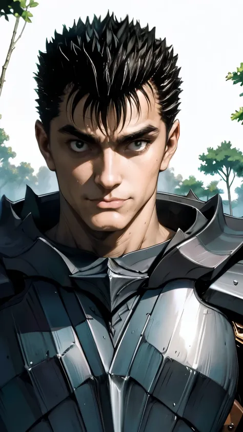 guts (berserk)、One person、solo、Model standing、Upper Body、smile slightly、Black armor、forest、masterpiece、Highest quality、最高masterpiece。