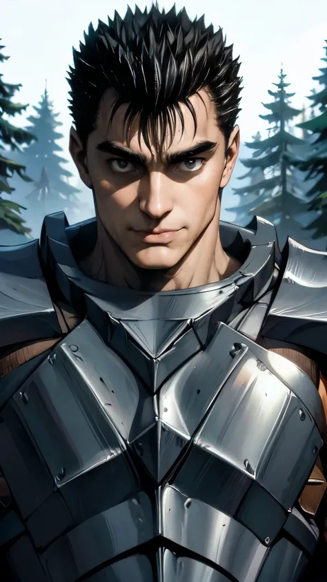 guts (berserk)、One person、solo、Model standing、Upper Body、smile slightly、Black armor、forest、masterpiece、Highest quality、最高masterpiece。