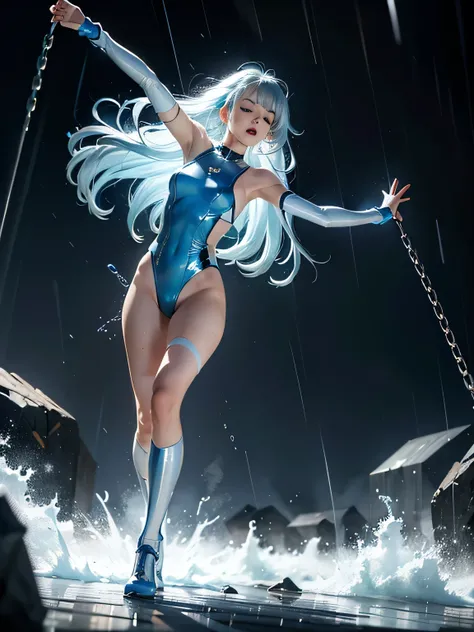 superheroine, long long gorgeous light blue hair, latex, leotard, blue and white costume, trapped in dream, caught in many chains, sky is smoke, rain is red, she wants to run away, cannot escape, screaming in fear, heavy rain hits her, rain hits her body, ...