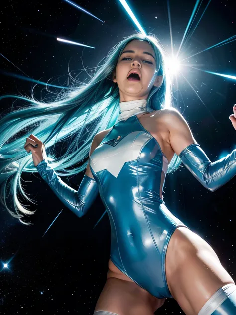 superheroine, long long gorgeous light blue hair, latex, leotard, blue and white costume, trapped, many meteor shower frying around, these meteor  shower exploding, ((exploding meteor shower hiting her hard)), no escape,(cruelly), (painful), helpless, eyes...