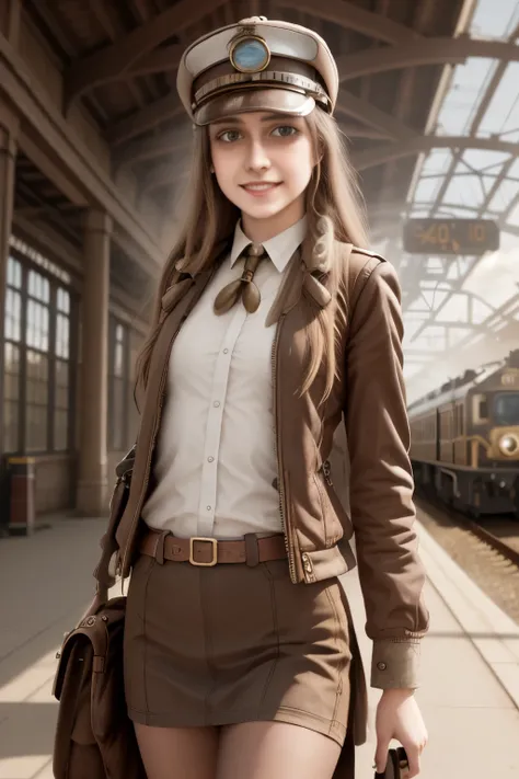 1 girl, aviator hat , solo, steam punk, train station, , steam, smoke, masterpiece, highly detailed,HDR,8k resolution, best quality,