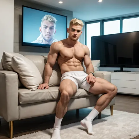 full body view white male fitness blond model blond guy with stylish undercut haircut, chiseled jaw , in white leather shorts, in long white socks , shoes off, golden rings, comfortably sitting on couch, showing off his white socks, watching football match...