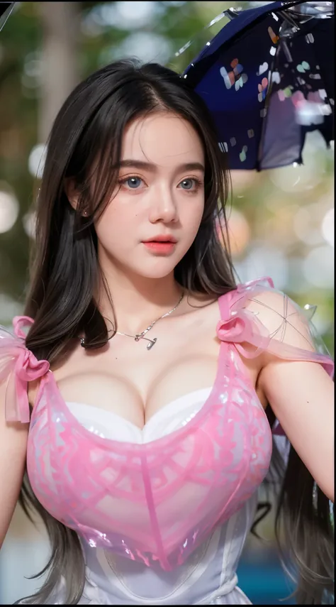 Georgeous, Beautiful, Cute, Baby Face, 18 Years Old, White Skin, Cleavage, ((Large Colossal Breast:1.3)), Sleeveless, Off Shoulder, Strapless, ((Transparent:1.3)), ((White Long Lolita Dress)), (Embroidery), Posing, ((Silver Hair)), ((Bright Blue Eye)), ((M...