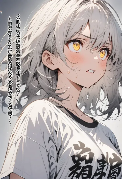 Anime style portrait of a high school girl with short silver hair and yellow eyes, wearing an oversized T-shirt. She looks up with a sour expression, and beads of sweat are visible on her face. The background is a black and gray gradation, and the Japanese...