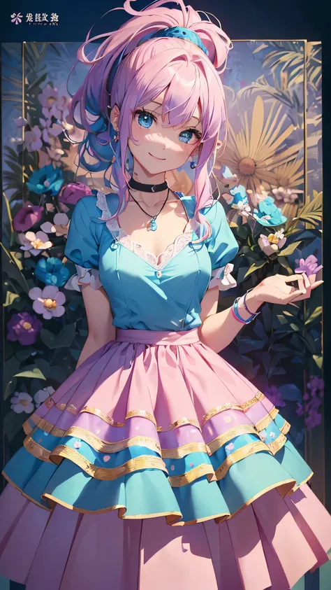 最high quality、Best image quality、masterpiece、and((cute、18-year-old、Best Bust、Medium Bust、Beautiful Blue Eyes、Spread your chest wide,Pastel Hair、ponytail、Disheveled Hair、thin、Highest Valley、Pastel Dress、smile、necklace、Wristband、)）high quality、Beautiful art、...