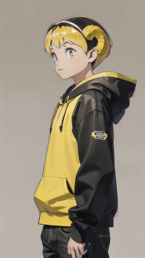 ram、ram、upper body、yellow hoodie、slender body、masterpiece、simple background、highest quality