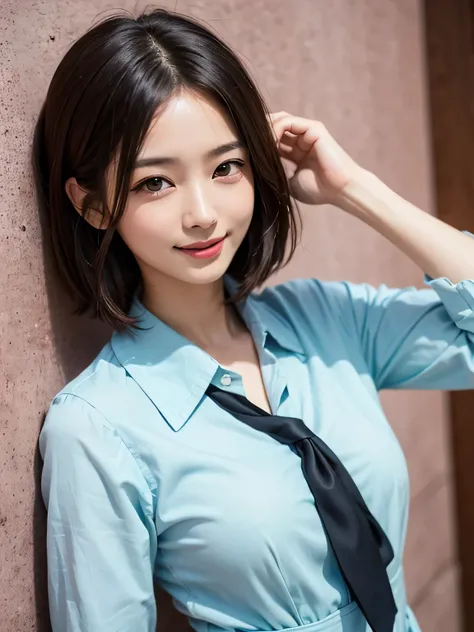 Highest quality、Figures、Two cute girls、sexly、Slender、Red tie、Open front dress shirt、Green exy very detailed、Fine details、Slim Body、Slender、Japanese Girls、High resolution、8k、wallpaper、Perfect dynamic composition、Beautiful fine details、Short Bob Hair、Big nat...