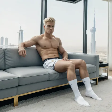 full body view white male fitness blond model blond guy with stylish undercut haircut, chiseled jaw , in white leather shorts, in long white socks , shoes off, golden rings, comfortably sitting on couch, showing off his white socks, watching football match...