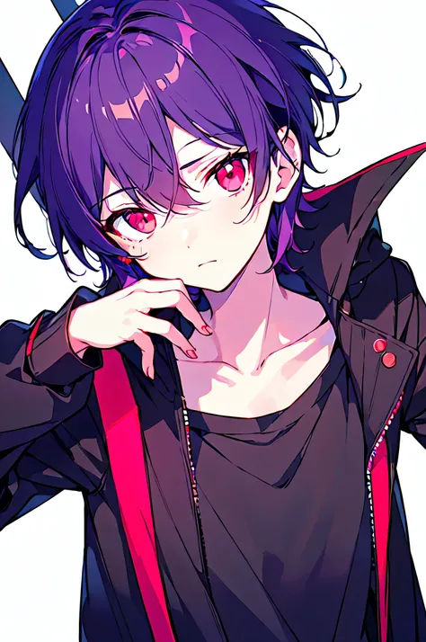 [(WHITE BACKGROUND:1.5),::5], ((((masterpiece)))), high quality, ultra_very_high_resolution, large_filesize, full color, (((solo))), ((little boy)), ((deep purple color short hair)), red eyes, anime, (upper body), neon light, black parka,