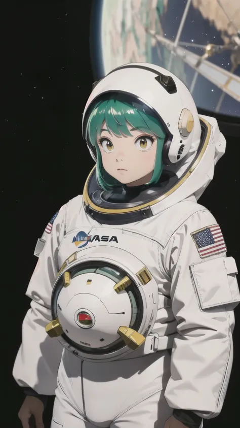 Ram、Spacesuit、nasa、Green Hair、Upper Body、Slender body、masterpiece、Simple Background、Highest quality