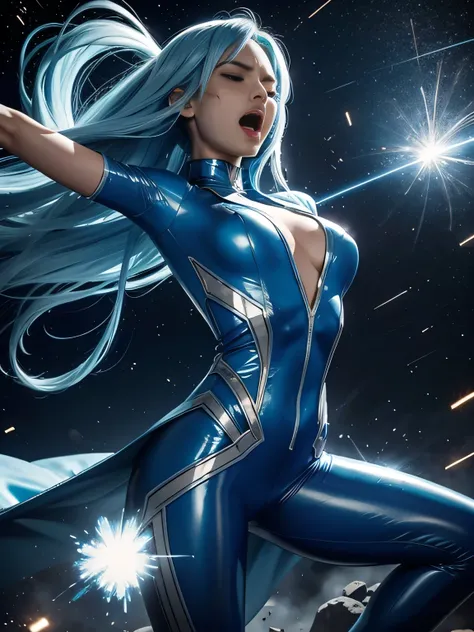 superheroine, long long gorgeous light blue hair, latex, leotard, blue and white costume, trapped, many meteorites trying around, these meteorites exploding, exploding meteorites hiting her, no escape,cruelly, painful, helpless, eyes closed,  (screaming in...