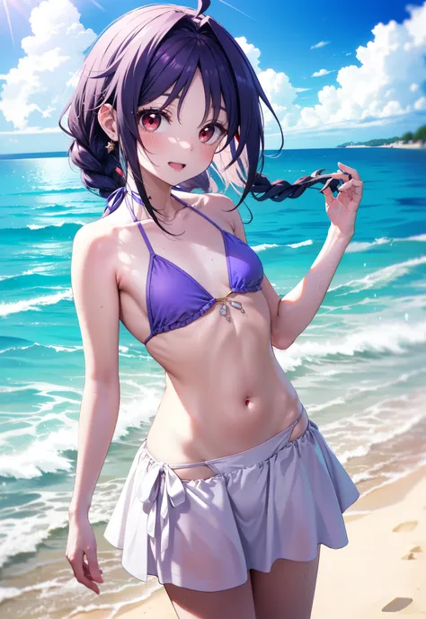 yuukikonno, Yuuki Konno, hair band, Ahoge,Long, thick braids, Pointed Ears, Purple Hair, (Red eyes:1.5), (Small breasts:1.2), smile,blush,Open your mouth,Purple bikini string swimsuit,Pareo Swimsuit,Belly button,A light red long skirt is tied around her wa...