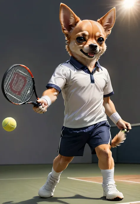 A high-quality, Cartoon Character body, Masterpiece, High Resolution, Top-quality,Complete Artwork, Extremely detailed, A standing Chihuahua dog full dressed in Tennis uniform for male, going after the ball, with dynamic lighting and post-processed effects...
