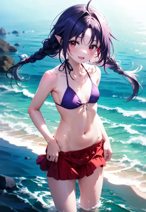 yuukikonno, Yuuki Konno, hair band, Ahoge,Long, thick braids, Pointed Ears, Purple Hair, (Red eyes:1.5), (Small breasts:1.2), smile,blush,Open your mouth,Purple bikini string swimsuit,Pareo Swimsuit,Belly button,A light red long skirt is tied around her wa...