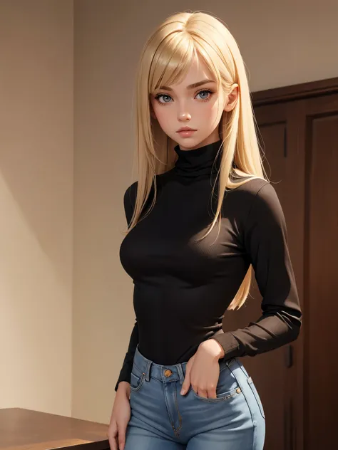 (best quality), 1girl, female, porcelain skin, blonde hair, straight hair, bangs, medium hair, swoopy tips, brown eyes, perfect eyes, black turtleneck, jeans, skinny body, , small bust, shy, masterpiece, anatomically correct, highres#