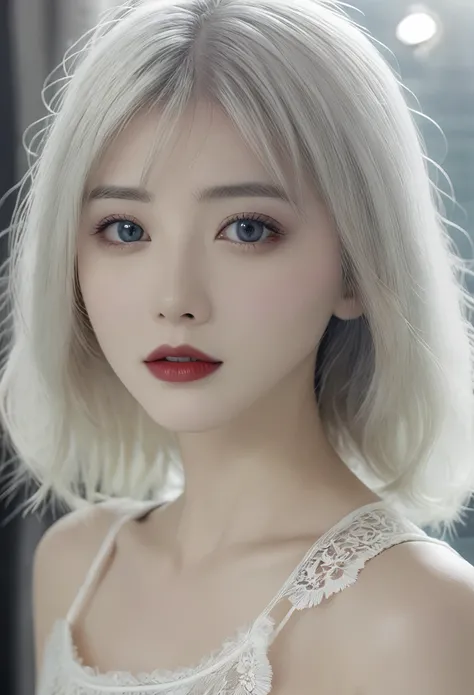 A woman，White hair，Red lips，Long legs，Oval face，White lace pajamas，Tulle clothes，A looming，Extremely detailed，high resolution，Very detailed，Beautiful and delicate girl，Very detailed的眼睛和脸，Beautiful and delicate eyes，There is light on the face，Movie Lighting...