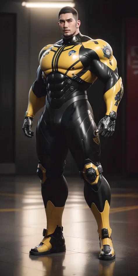 Tall giant muscular police officer，Yellow and black camouflage patterned nano mecha，Honeycomb pattern，Lightweight texture，Character Concept（Resident Evil - Chris Redfield，Chris Redfield）senior police officer，Small grid texture，Regular symmetrical texture p...